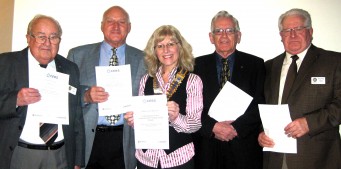 Harry Livesey, John Harrison, Sue Parkin, Colin Robertson and Roland Mold with their certificates