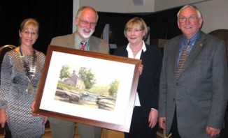 Les Packham presents his watercolour to Cynthia Kirkbright watched by President Sue Parkin and Roger Cressey 13 May 2010
