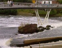 Thomas the barge stranded on the weir at Castleford